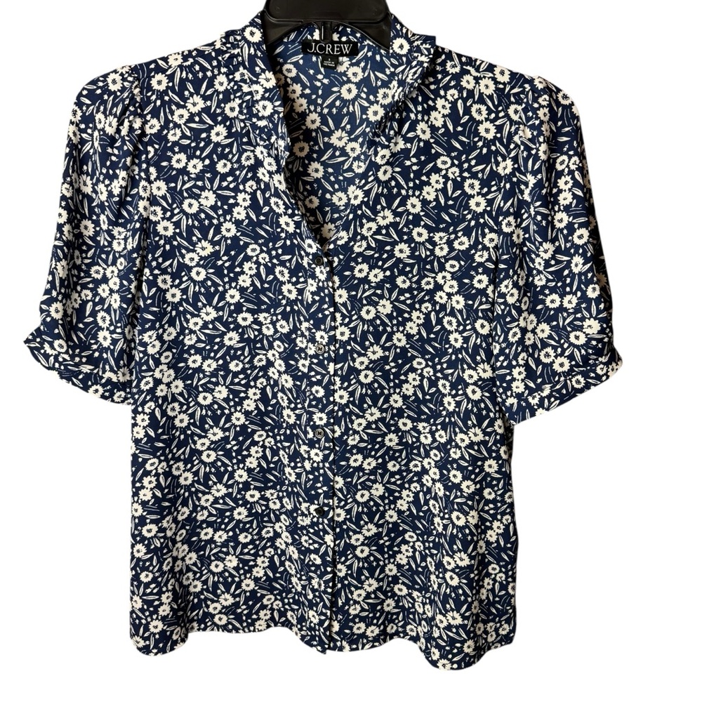 J Crew Puff Sleeve Garden Floral Button Blouse Shirt Blue‎ S